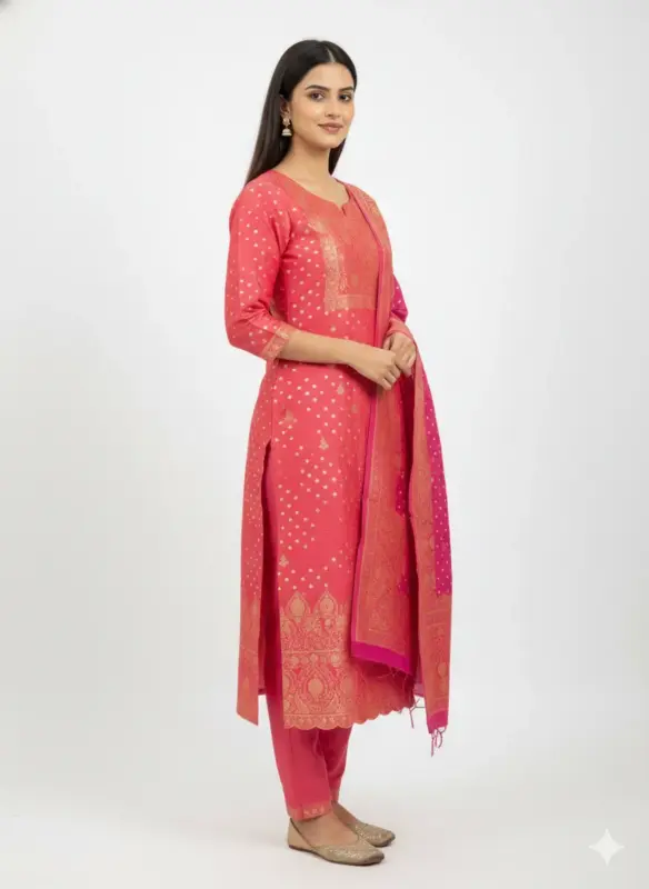Bandhani Dola Silk Unstitched Suit Set for Women