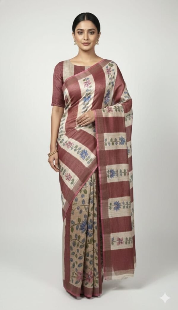 Premium Tassar Silk Printed Saree with Zari Work, Floral Stripe Design and Elegant Traditional Border