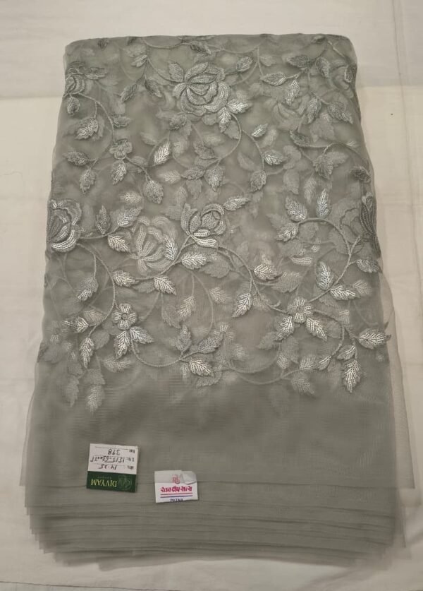 Premium Net Embroidery Fabric | Elegant Grey Embroidered Dress Material for Suit, Kurti & Party Wear