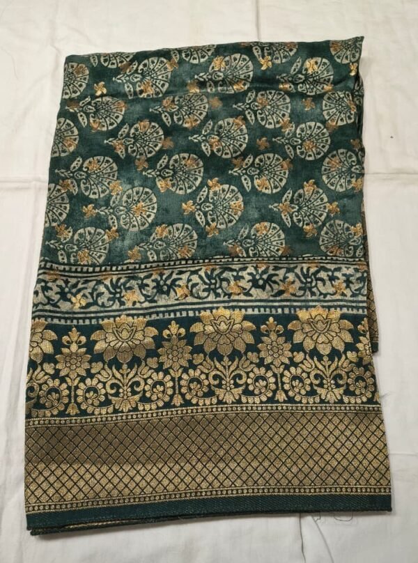 Premium Dola Silk Printed Dupatta | Elegant Green & Gold Ethnic Dupatta with Traditional Floral Design