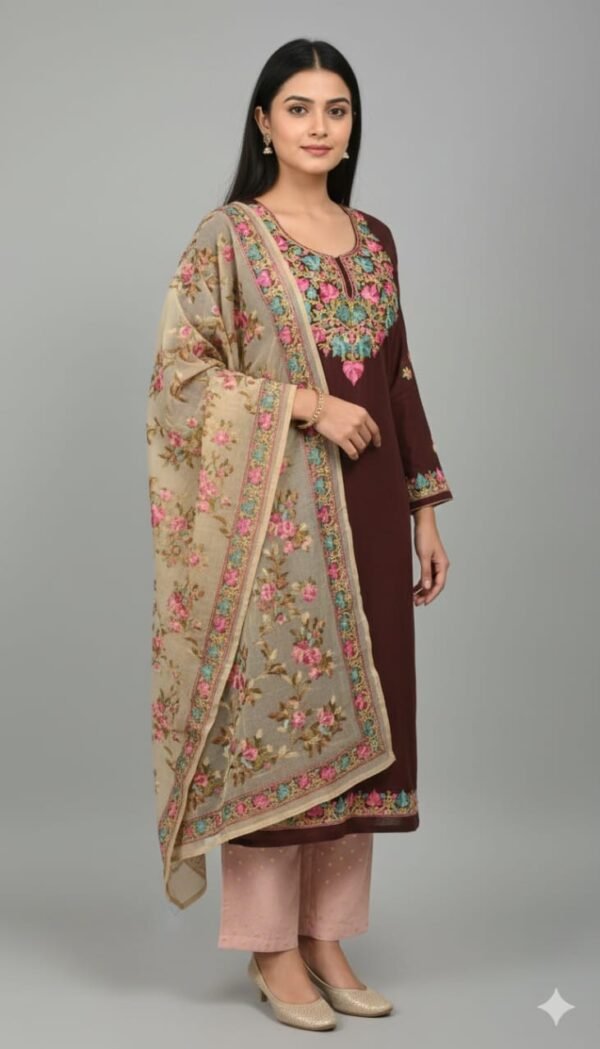Premium 2 Piece Kashmiri Embroidery Woolen Suit with Heavy Kashmiri Thread Work Warm Winter Ethnic Wear
