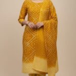 Premium Bandhani Cotton Unstitched Suit Set with Traditional Bandhej Printed Cotton Top, Matching Bandhani Cotton Dupatta and Solid Cotton Bottom Ethnic Wear