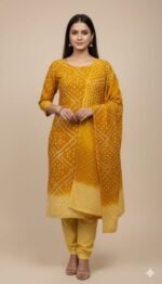 Premium Bandhani Cotton Unstitched Suit Set with Traditional Bandhej Printed Cotton Top, Matching Bandhani Cotton Dupatta and Solid Cotton Bottom Ethnic Wear
