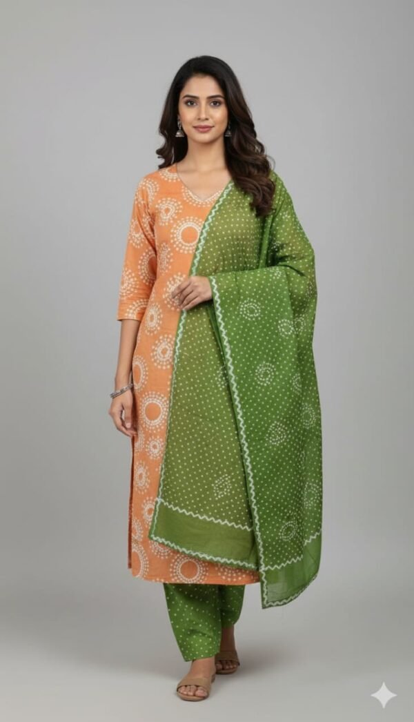 Premium Bandhani Cotton Unstitched Suit Set with Traditional Bandhej Printed Cotton Top, Matching Bandhani Cotton Dupatta and Solid Cotton Bottom Ethnic Wear