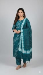 Premium Bandhani Cotton Unstitched Suit Set with Traditional Bandhej Printed Cotton Top, Matching Bandhani Cotton Dupatta and Solid Cotton Bottom Ethnic Wear