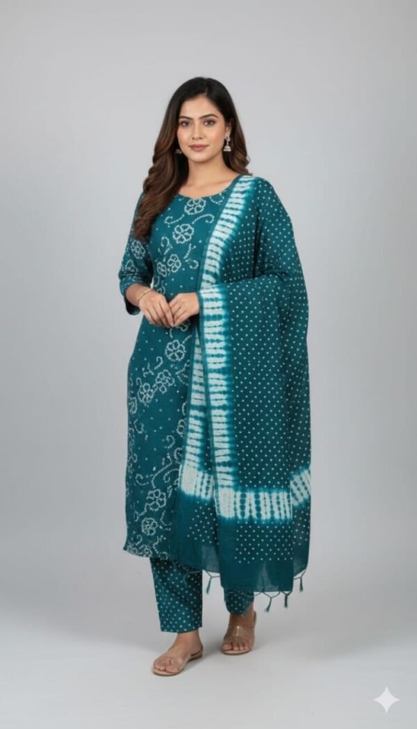 Premium Bandhani Cotton Unstitched Suit Set with Traditional Bandhej Printed Cotton Top, Matching Bandhani Cotton Dupatta and Solid Cotton Bottom Ethnic Wear