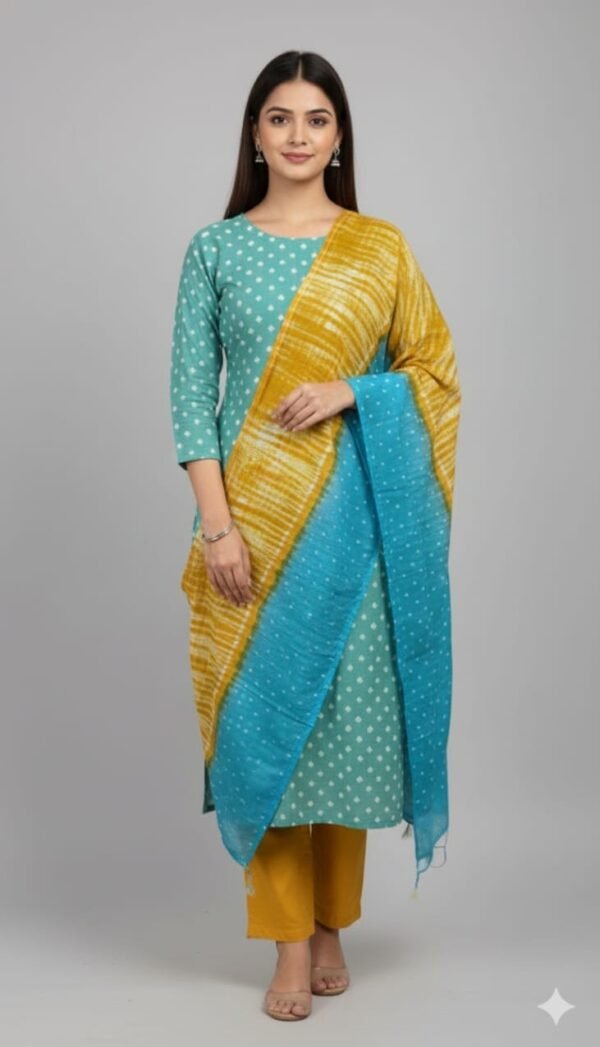 Premium Bandhani Cotton Unstitched Suit Set with Traditional Bandhej Printed Cotton Top, Matching Bandhani Cotton Dupatta and Solid Cotton Bottom Ethnic Wear