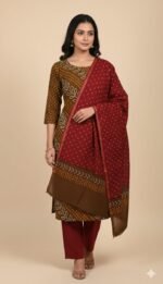 Premium Bandhani Cotton Unstitched Suit Set with Traditional Bandhej Printed Cotton Top, Matching Bandhani Cotton Dupatta and Solid Cotton Bottom Ethnic Wear