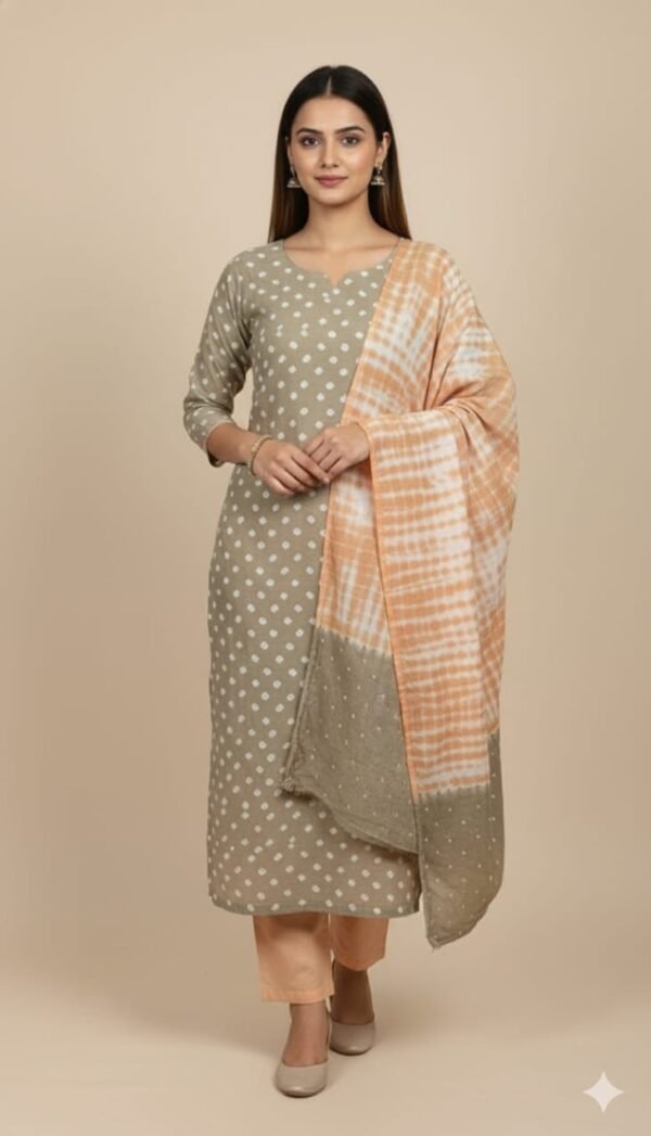 Premium Bandhani Cotton Unstitched Suit Set with Traditional Bandhej Printed Cotton Top, Matching Bandhani Cotton Dupatta and Solid Cotton Bottom Ethnic Wear
