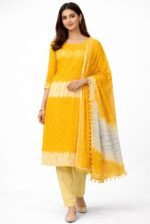 Premium Bandhani Cotton Unstitched Suit Set with Traditional Bandhej Printed Cotton Top, Matching Bandhani Cotton Dupatta and Solid Cotton Bottom Ethnic Wear