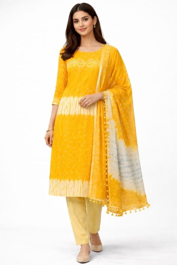 Premium Bandhani Cotton Unstitched Suit Set with Traditional Bandhej Printed Cotton Top, Matching Bandhani Cotton Dupatta and Solid Cotton Bottom Ethnic Wear