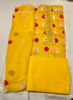 Premium Bandhani Cotton Unstitched Suit Set with Embroidered Bandhani Cotton Top, Chiffon Dupatta and Plain Cotton Bottom – Elegant Ethnic Wear - Image 3