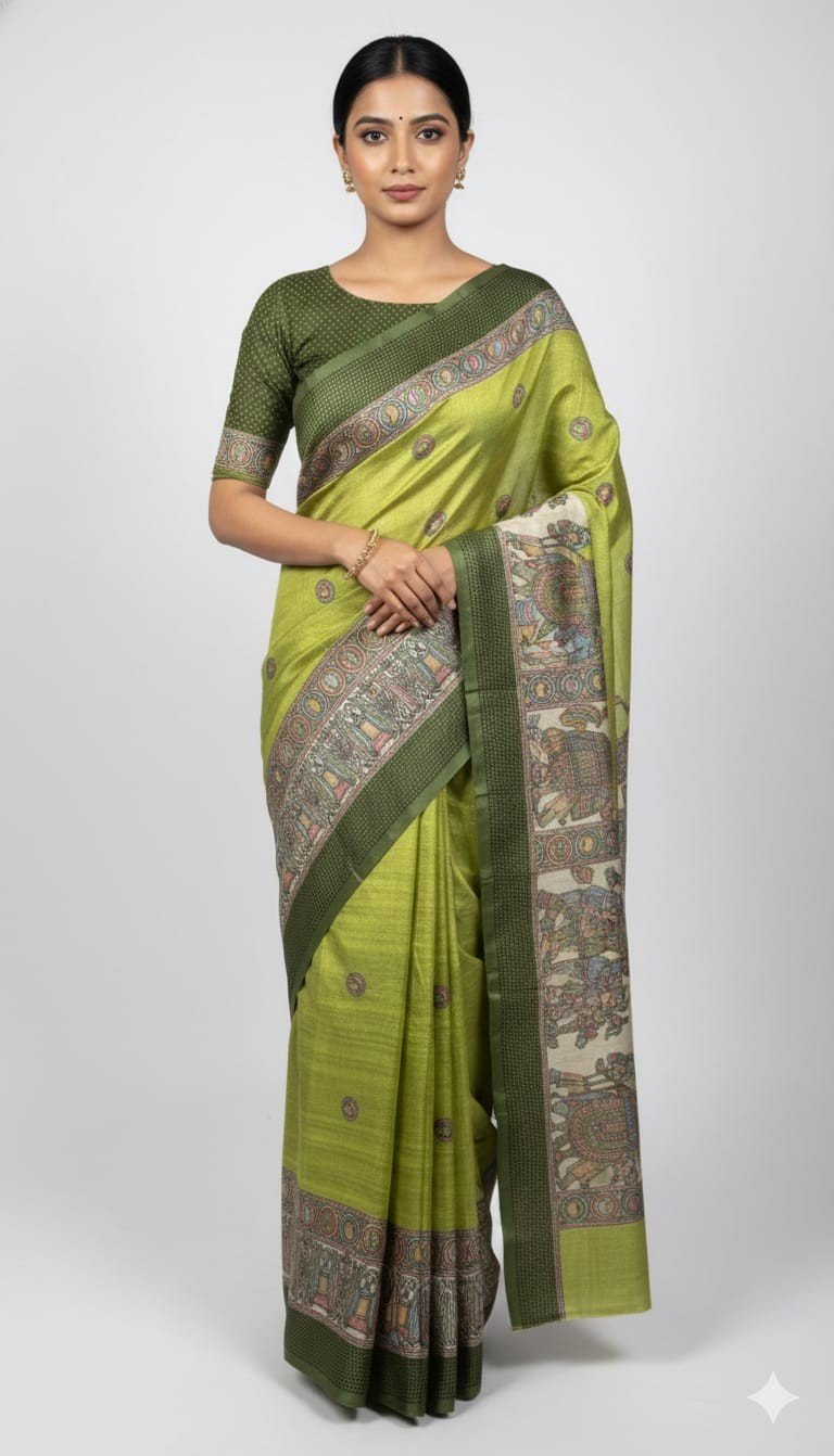 Tassar Cotton Madhubani Printed Saree