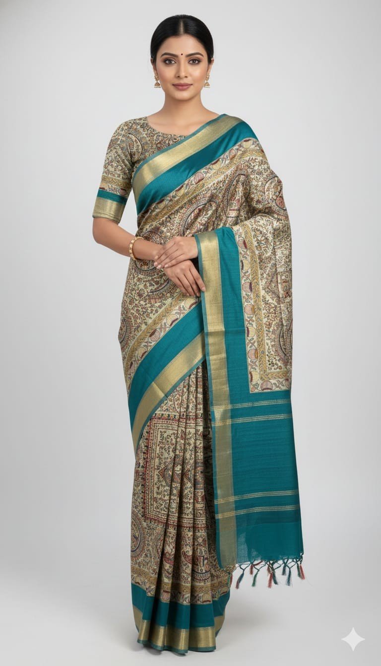 Tassar Cotton Madhubani Printed Saree