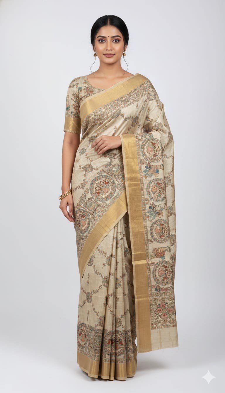 Tassar Cotton Madhubani Printed Saree