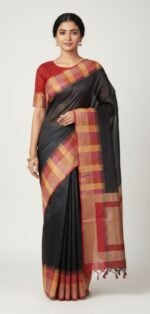 Brown Black Cotton Silk Saree with Contrast Border and Tassel Pallu Traditional Ethnic Wear