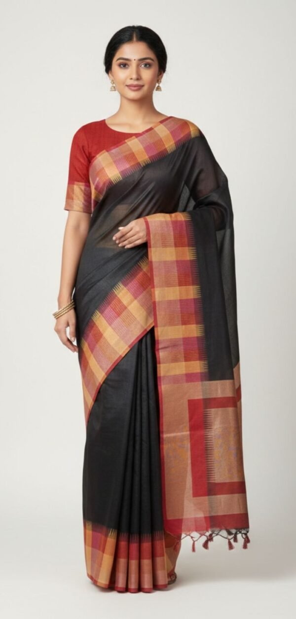 Brown Black Cotton Silk Saree with Contrast Border and Tassel Pallu Traditional Ethnic Wear