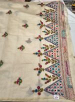 Mul Cotton Phulkari Work Saree with Hand Embroidery, Striped Pallu and Tassel Detailing Lightweight Ethnic Wear - Image 3