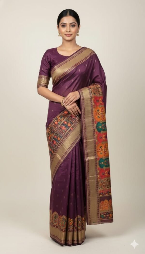 Premium Kashmiri Silk Saree with Traditional Multicolor Floral Motifs, Decorative Border and Tassel Pallu Elegant Ethnic Wear