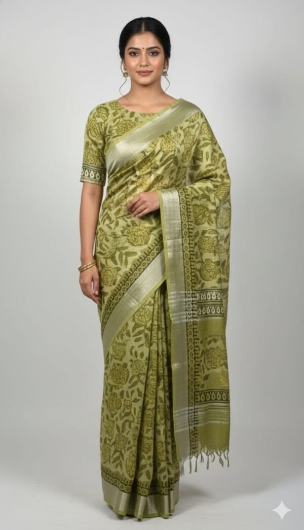 Premium Linen Cotton Printed Saree with Traditional Motifs, Rich Border and Elegant Pallu Lightweight Ethnic Wear