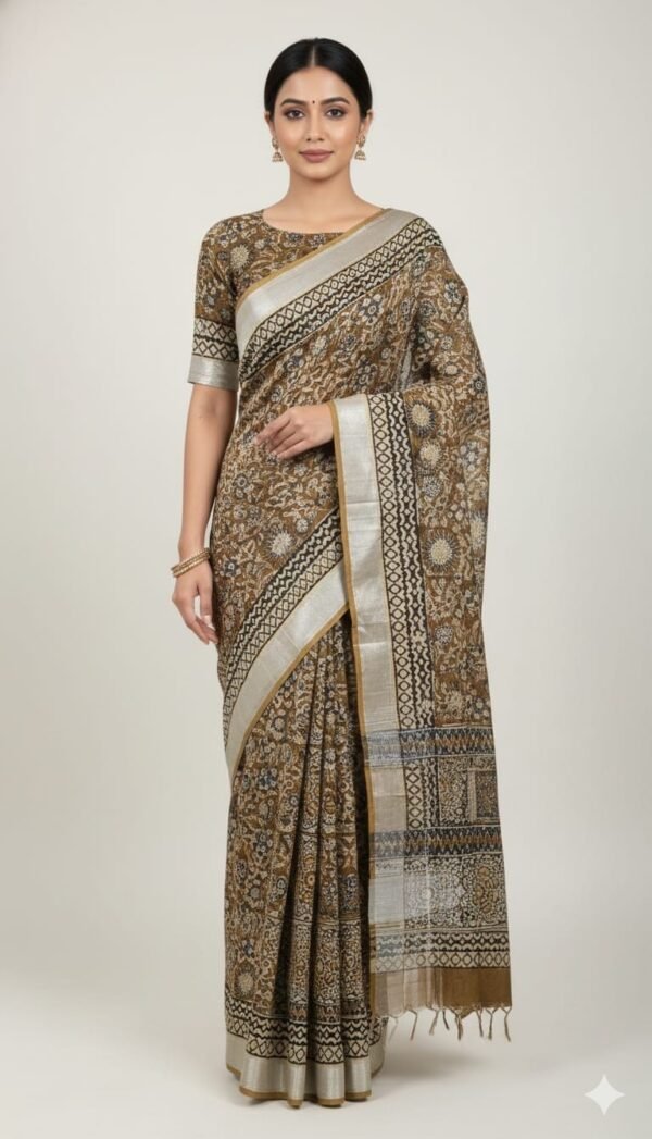 Premium Linen Cotton Printed Saree with Traditional Motifs, Rich Border and Elegant Pallu Lightweight Ethnic Wear