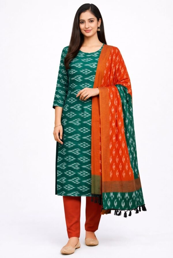 Pure Cotton Ikat Print Suit Set with Matching Dupatta and Cotton Bottom Traditional Ethnic Wear