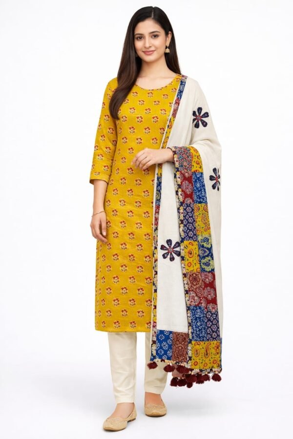 Pure Cotton Suit Set with Pure Cotton Patch Work Dupatta and Cotton Bottom Elegant Ethnic Wear