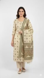 Handloom Cotton Madhubani Printed Suit Set with Dupatta and Cotton Bottom Traditional Ethnic Wear