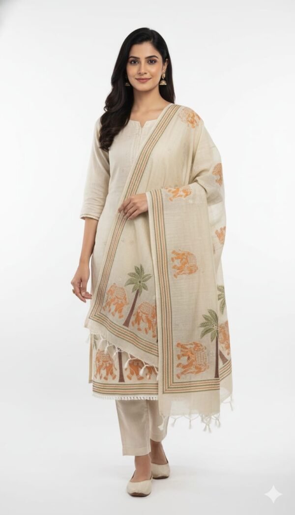 Premium Jamdani Cotton Dhaga Work Suit Set with Hand Embroidered Kurta, Elegant Dupatta and Solid Tapeta Bottom Ethnic Wear