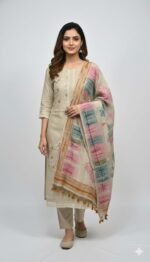 Premium Jamdani Cotton Dhaga Work Suit Set with Hand Embroidered Kurta, Elegant Dupatta and Solid Tapeta Bottom Ethnic Wear