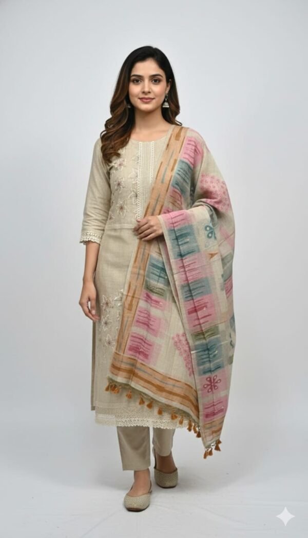 Premium Jamdani Cotton Dhaga Work Suit Set with Hand Embroidered Kurta, Elegant Dupatta and Solid Tapeta Bottom Ethnic Wear