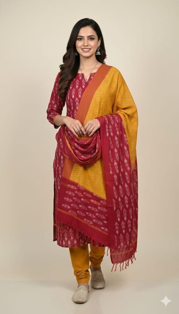 Pure Cotton Ikat Print Suit Set with Matching Dupatta and Cotton Bottom Traditional Ethnic Wear