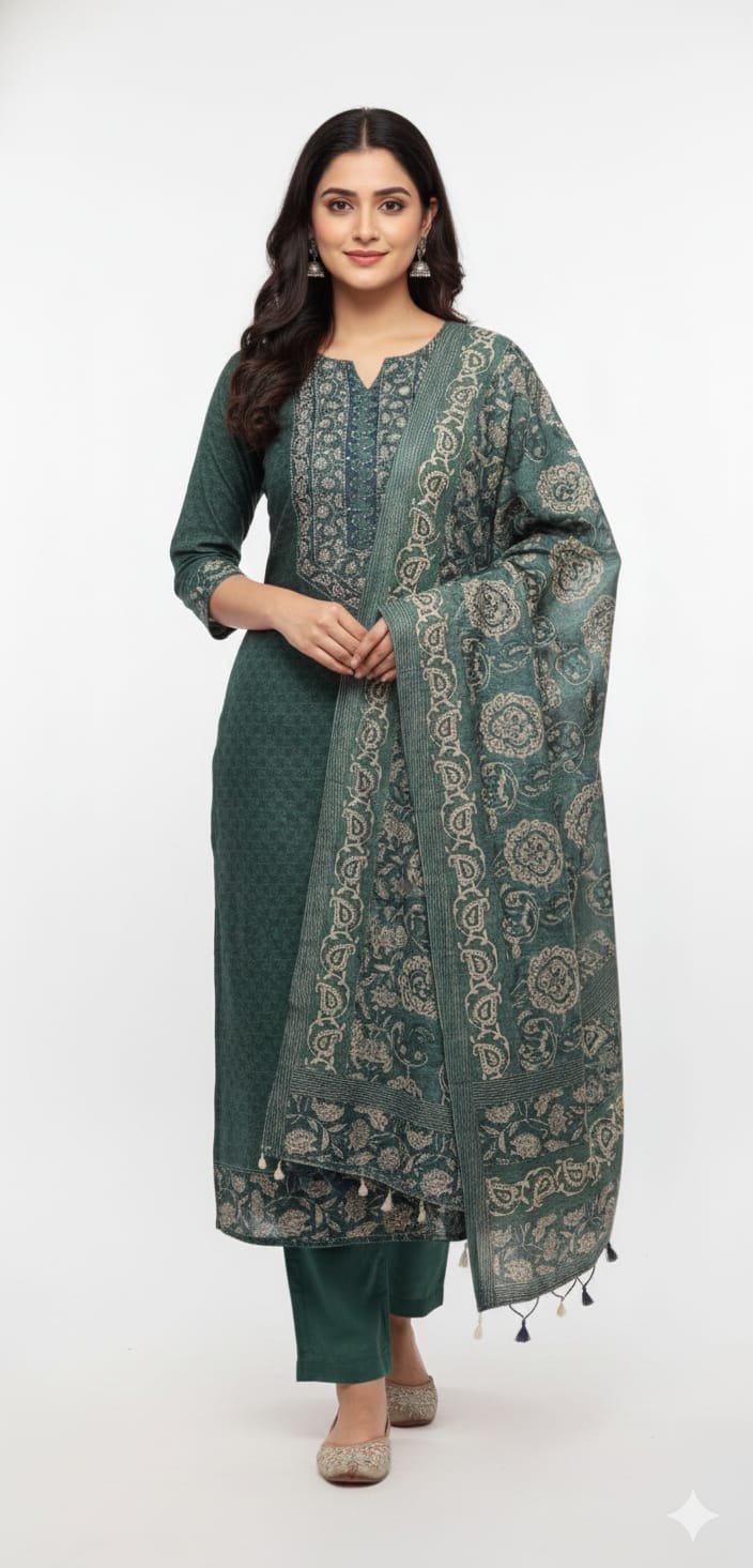 Green Tissue Cotton Printed Suit