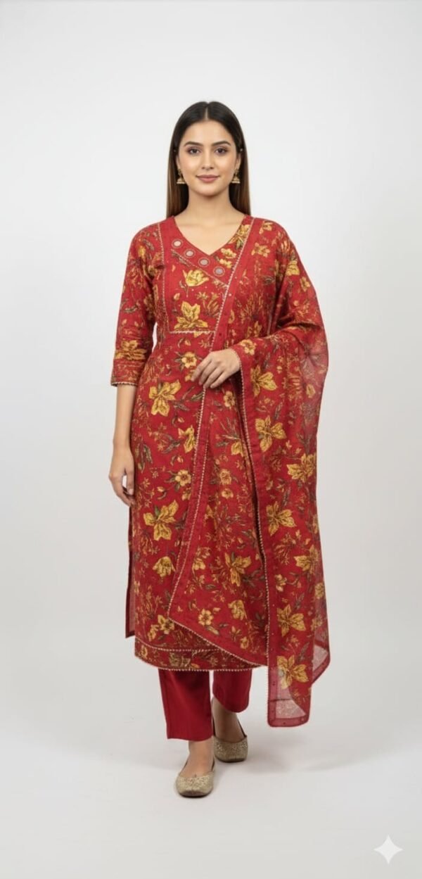 Mustard Cotton Printed Work Suit Set with Chiffon Dupatta and Cotton Bottom Elegant Ethnic Wear