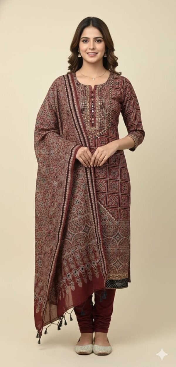 Mustard Cotton Printed Work Suit Set with Chiffon Dupatta and Cotton Bottom Elegant Ethnic Wear