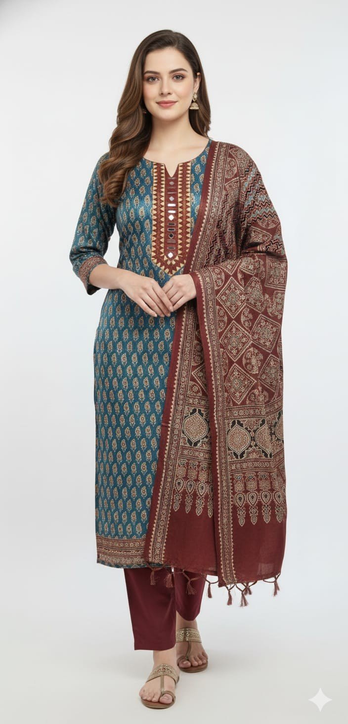Mushroom Cotton Ajrak Printed Suit