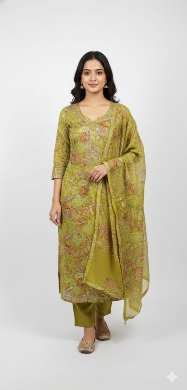 Grey Cotton Printed and Work Suit