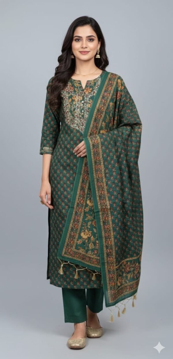 Cotton Printed and Work Suit Set with Cotton Printed Dupatta and Cotton Bottom Elegant Ethnic Wear