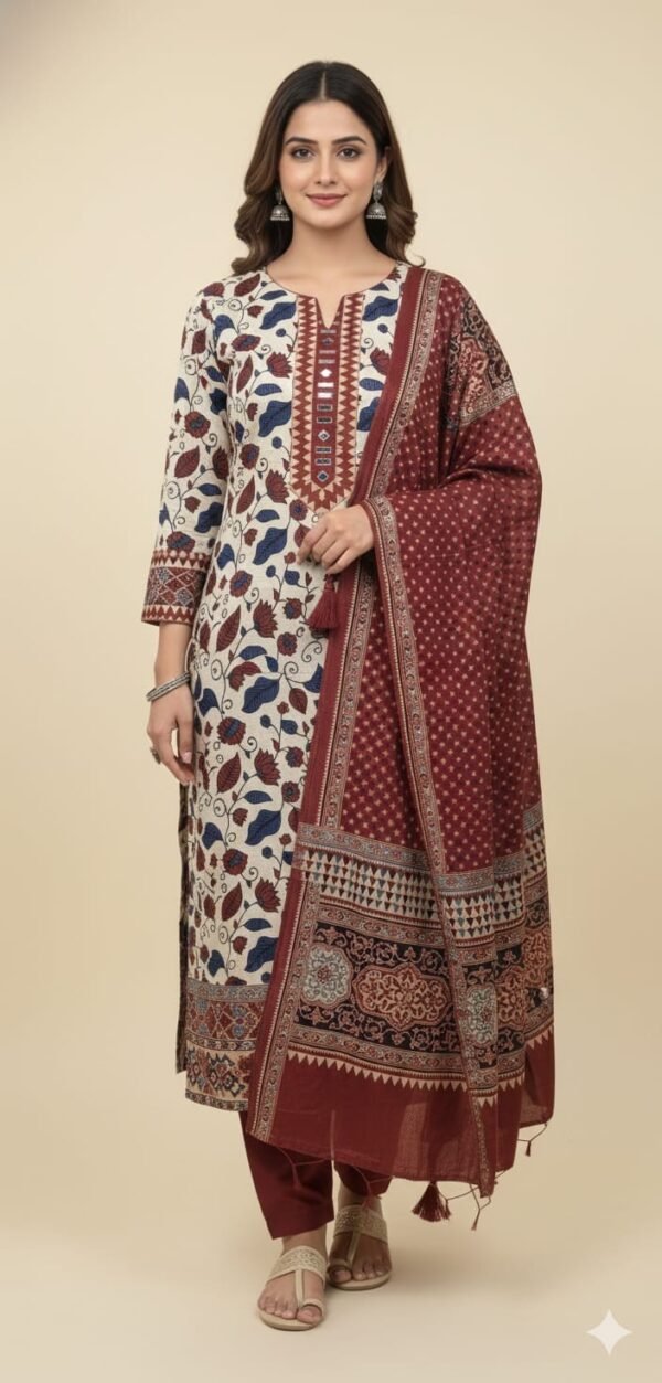 Mushroom Cotton Ajrak Printed Suit Set with Mushroom Cotton Printed Dupatta and Cotton Bottom Traditional Ethnic Wear