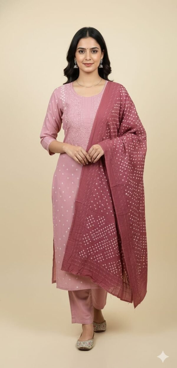Pink Cotton Bandhej Printed Chikankari Work Suit