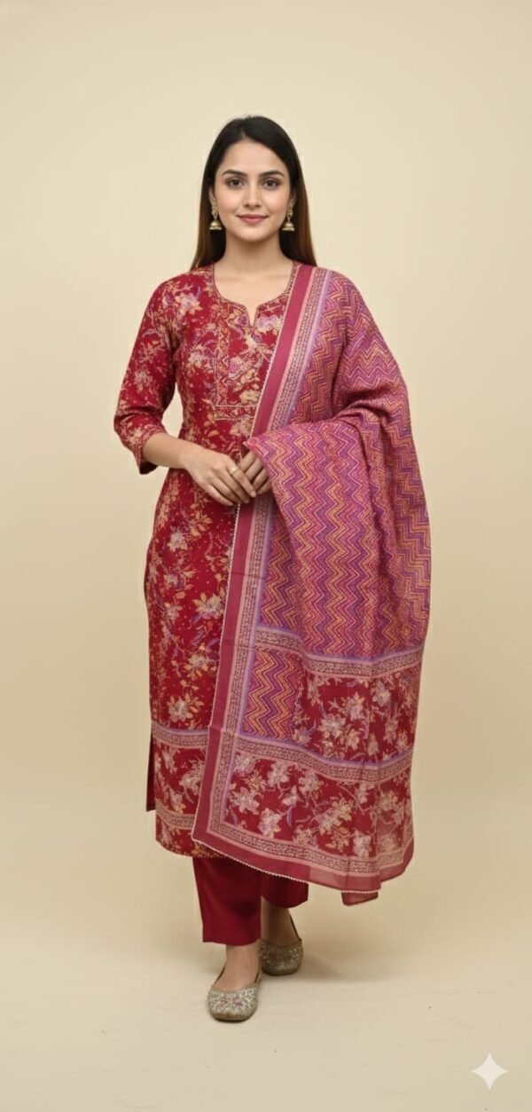 Cotton Printed and Work Suit Set with Cotton Printed Dupatta and Cotton Bottom Elegant Ethnic Wear