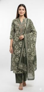 Grey Cotton Printed Suit Set with Maslin Cotton Printed Dupatta and Cotton Bottom Elegant Ethnic Wear