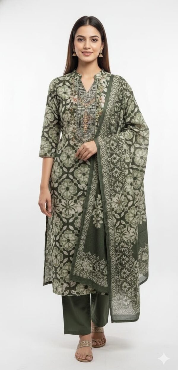Grey Cotton Printed Suit Set with Maslin Cotton Printed Dupatta and Cotton Bottom Elegant Ethnic Wear