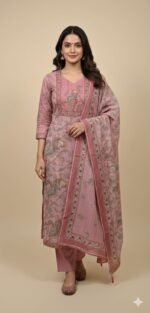 Linen Cotton Work Suit Set with Linen Cotton Printed Dupatta and Cotton Bottom Elegant Ethnic Wear