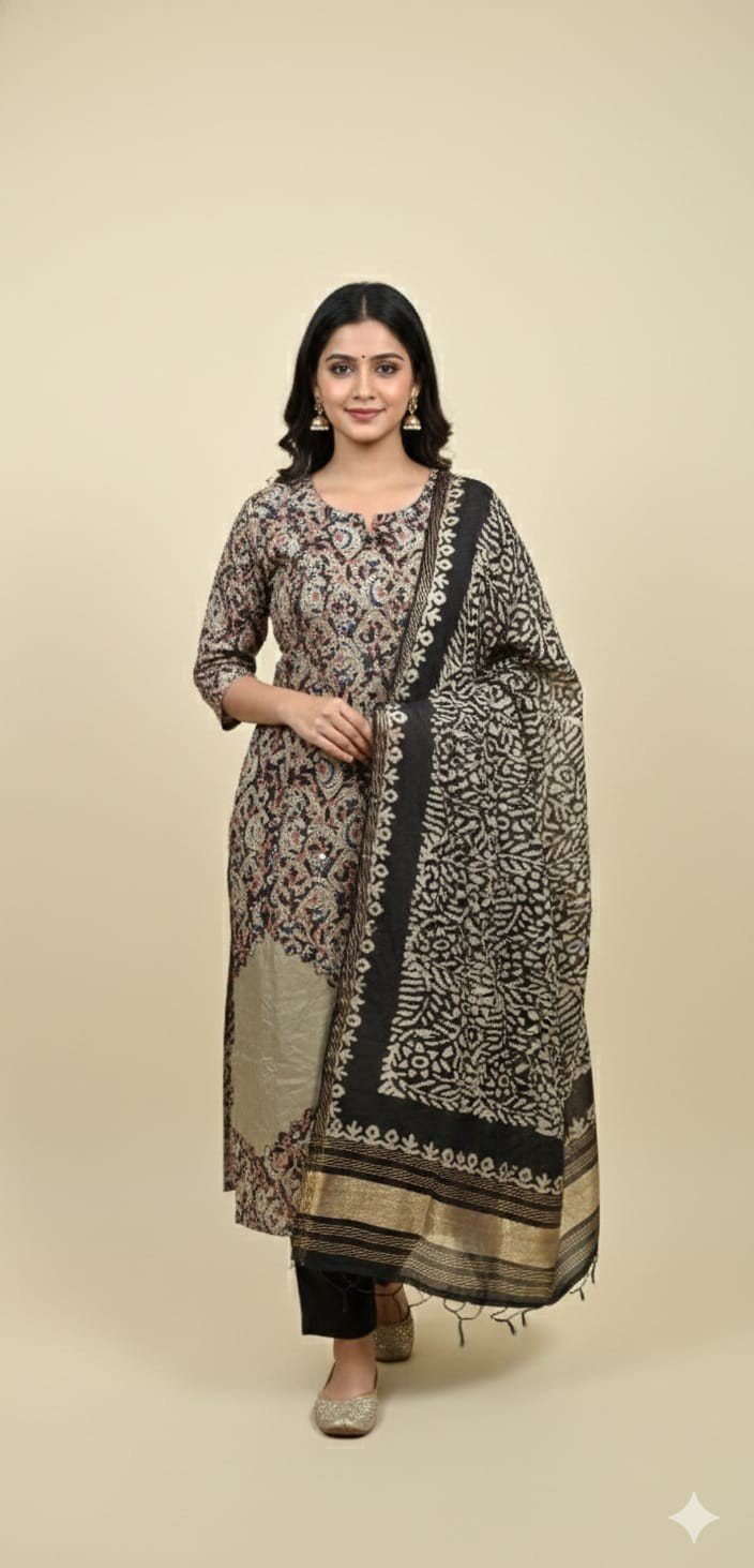 Grey Cotton Printed Suit