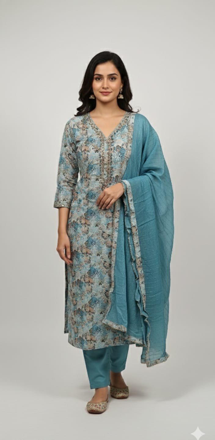 Pure Cotton Printed Neck Work Suit