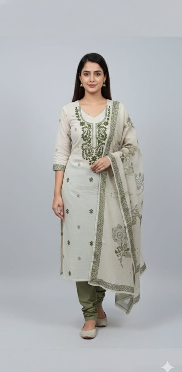 Linen Cotton Chikankari Galla Work Suit