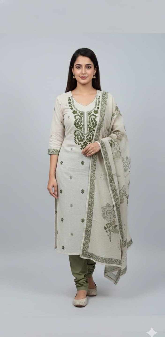 Linen Cotton Chikankari Galla Work Suit