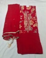 Red Maslin Cotton Work Suit Set with Chiffon Dupatta and Tapeta Bottom Festive Ethnic Wear - Image 3