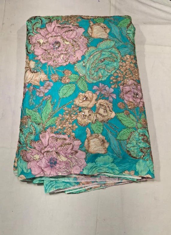 Teal Green Maslin Silk Gota Patti Work Fabric